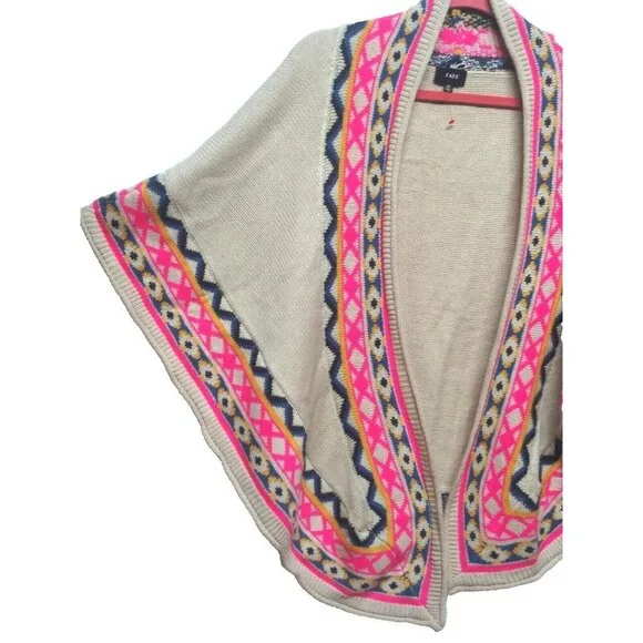 Fate Poncho Shawl Cape Wrap Tan Pink Boho Tribal Native Aztec One Size WARM EUC - Picture 3 of 10